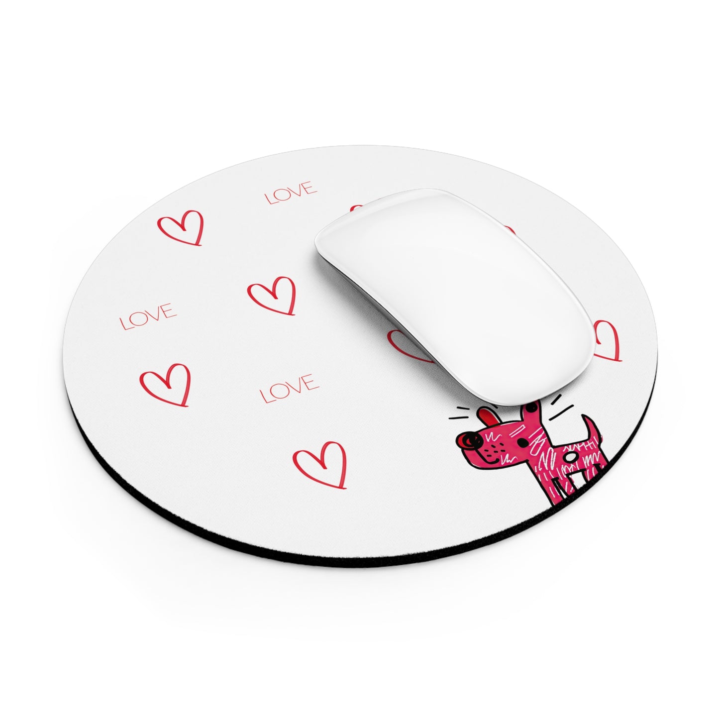 Pink Doodle Dog Love Pattern Mouse Pad | Heart Scatter Desk Mat
