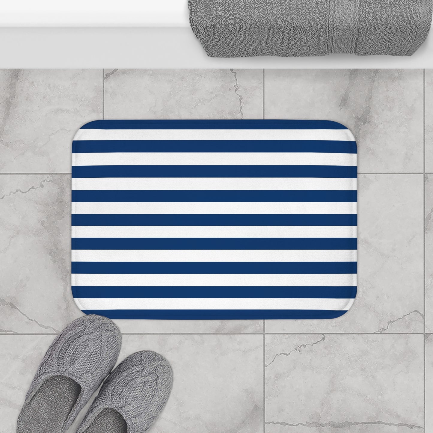 Navy Stripe Bath Mat | Nautical Blue White Bathroom Rug