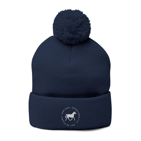 Embroidered Horse Logo Pom-Pom Knit Cap
