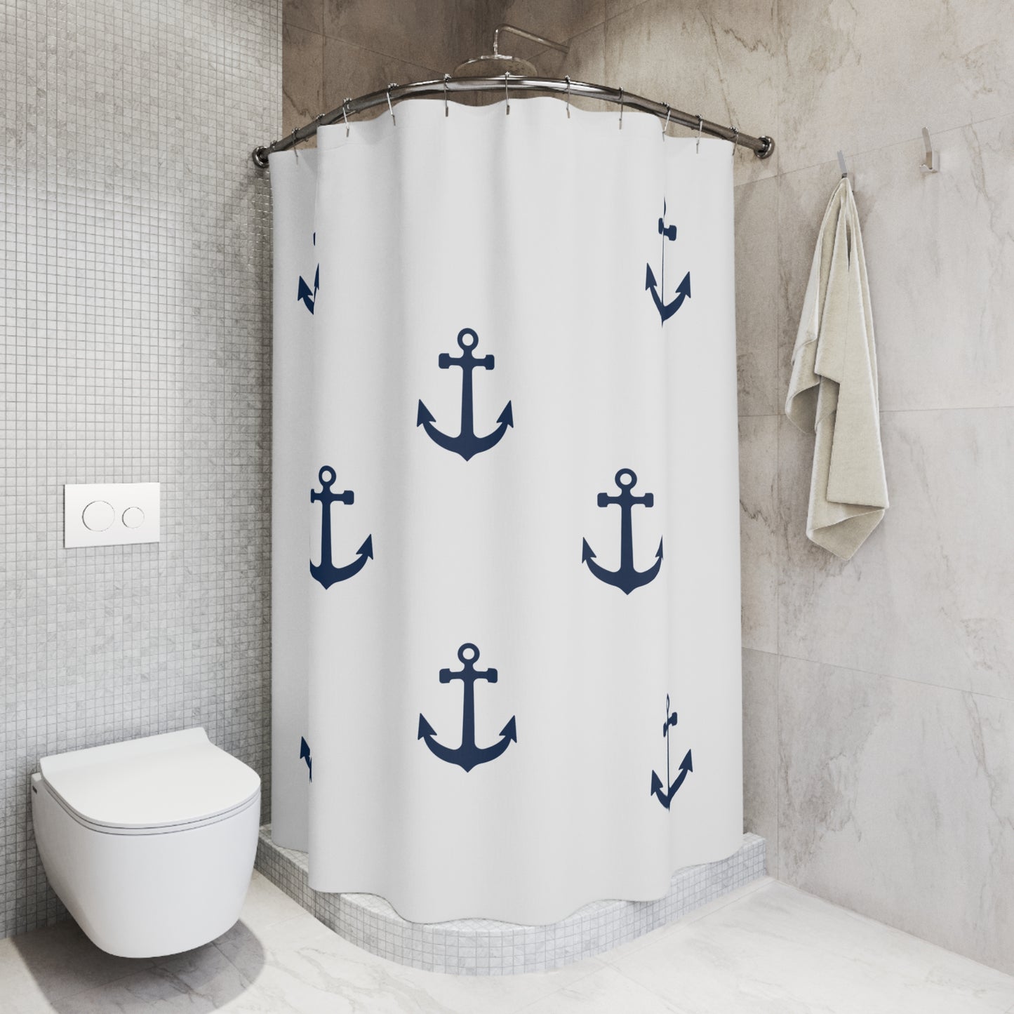 Navy Anchor Pattern Shower Curtain | Nautical Bathroom Decor