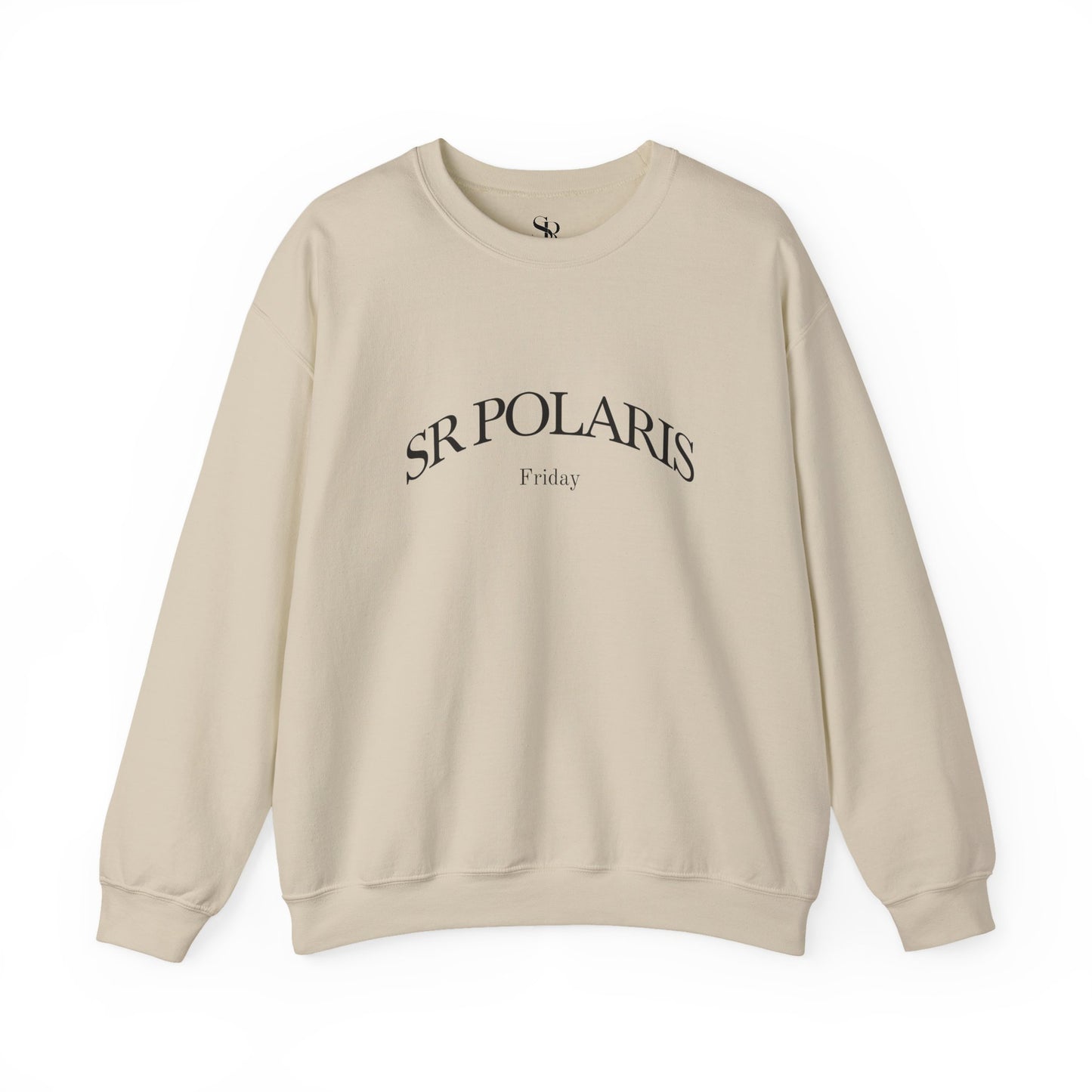 SR POLARIS text crewneck Sweatshirt | minimalist arched logo, white pullover