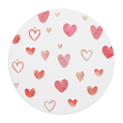 Watercolor Hearts Mouse Pad | Pink Heart Pattern, Round Desk Mat