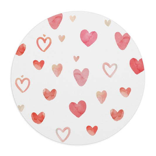Watercolor Hearts Mouse Pad | Pink Heart Pattern, Round Desk Mat