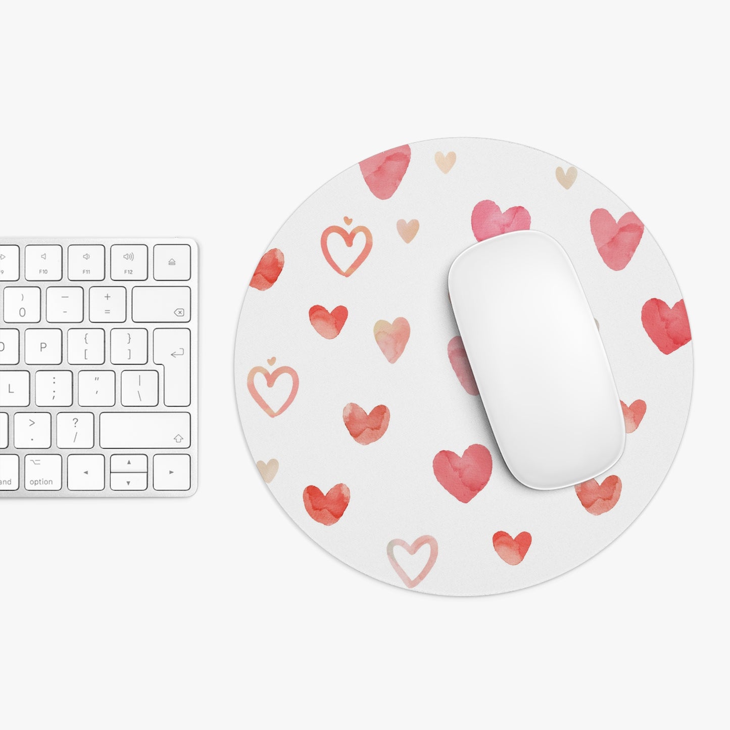 Watercolor Hearts Mouse Pad | Pink Heart Pattern, Round Desk Mat