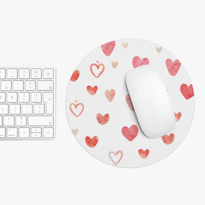 Watercolor Hearts Mouse Pad | Pink Heart Pattern, Round Desk Mat