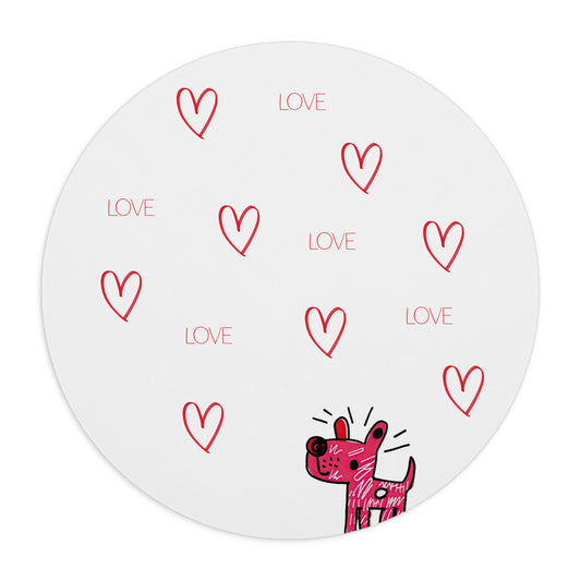 Pink Doodle Dog Love Pattern Mouse Pad | Heart Scatter Desk Mat