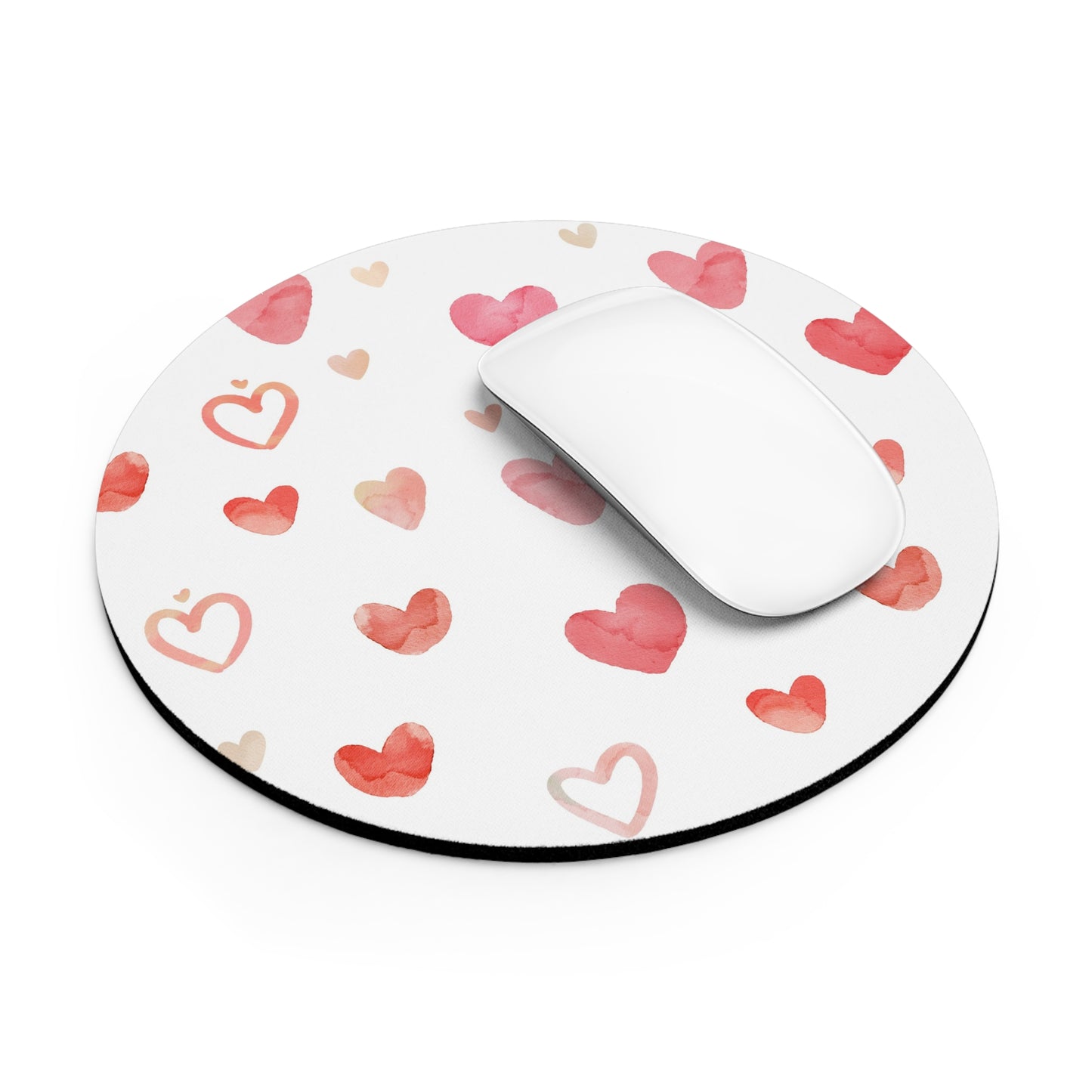 Watercolor Hearts Mouse Pad | Pink Heart Pattern, Round Desk Mat