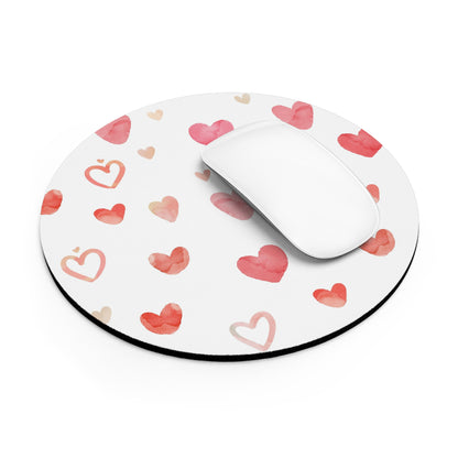 Watercolor Hearts Mouse Pad | Pink Heart Pattern, Round Desk Mat