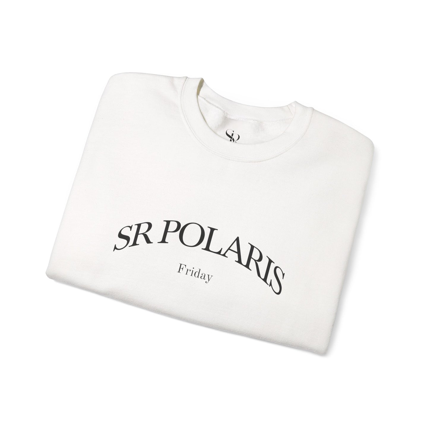 SR POLARIS text crewneck Sweatshirt | minimalist arched logo, white pullover