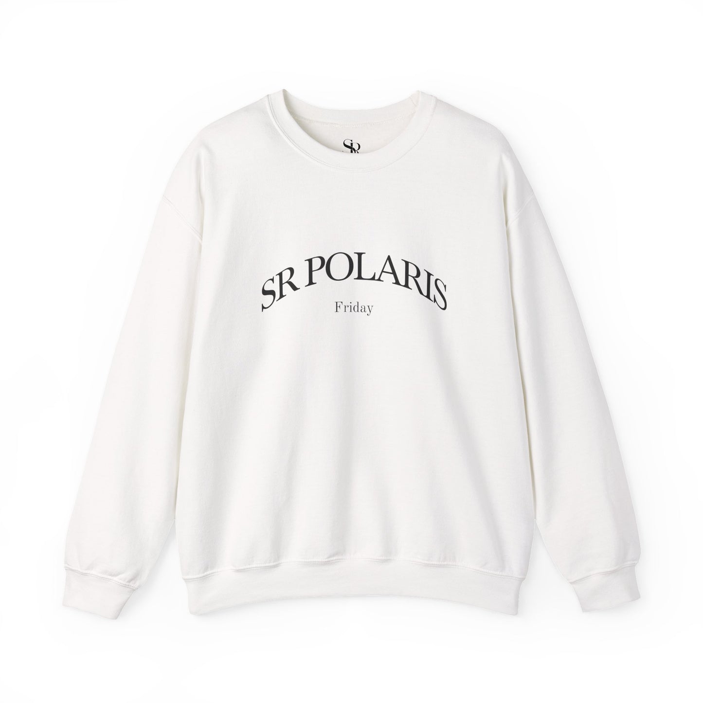 SR POLARIS text crewneck Sweatshirt | minimalist arched logo, white pullover