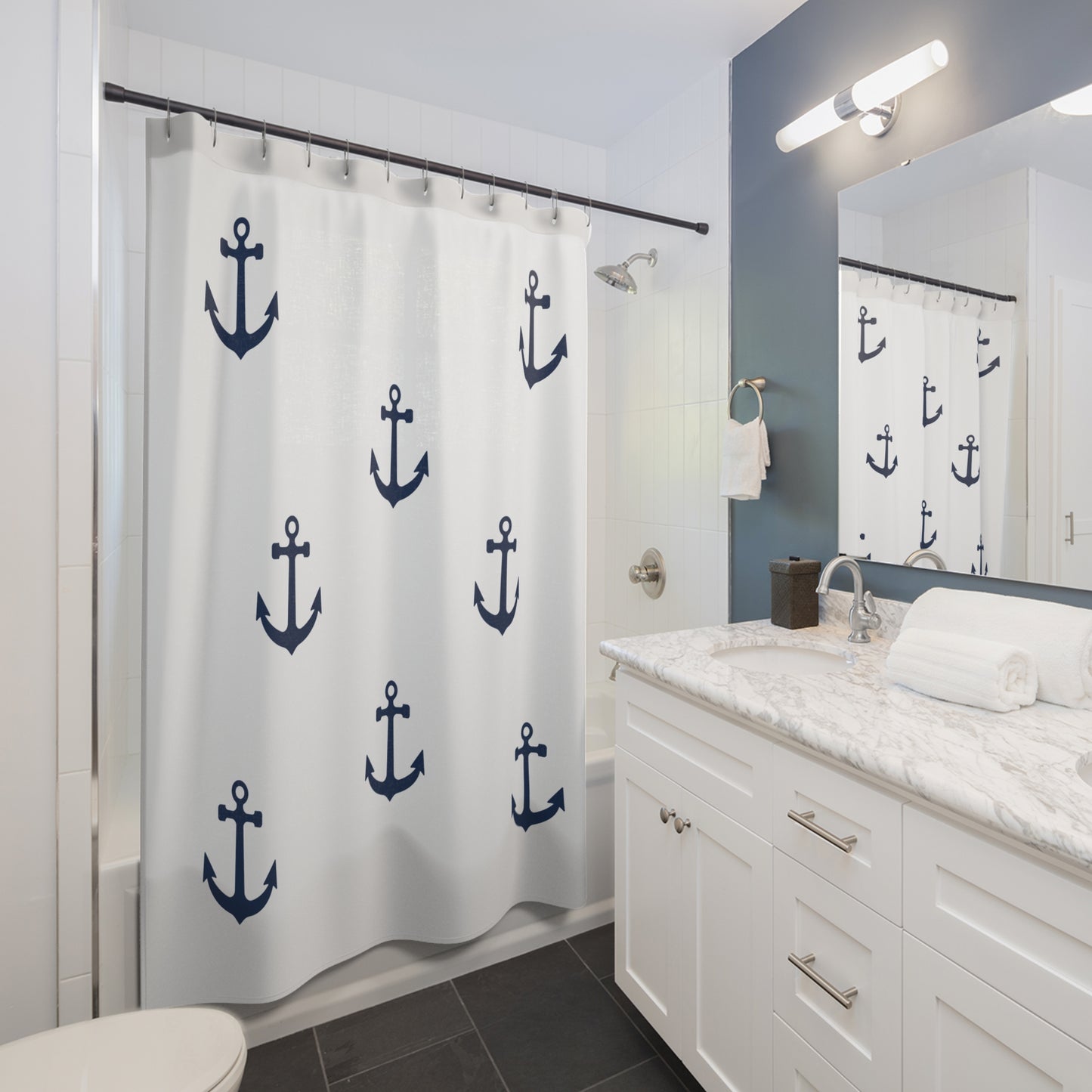 Navy Anchor Pattern Shower Curtain | Nautical Bathroom Decor