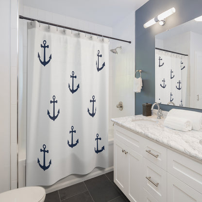 Navy Anchor Pattern Shower Curtain | Nautical Bathroom Decor