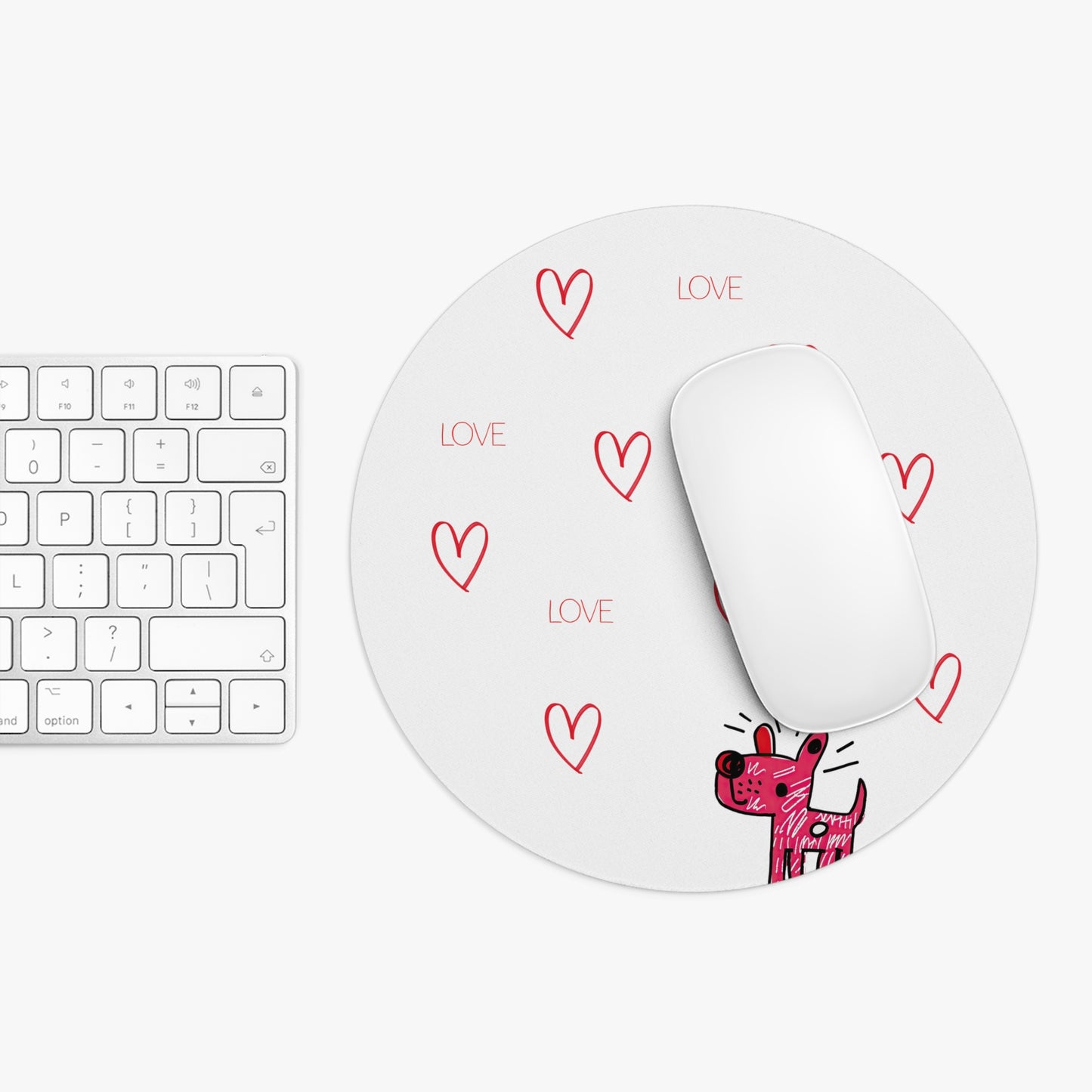 Pink Doodle Dog Love Pattern Mouse Pad | Heart Scatter Desk Mat